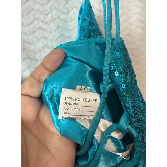 Homecoming Prom Cocktail Dress 14 Turquoise Sequins Spaghetti strap lace up back - Picture 5 of 9